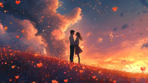 A Couple's Love Illuminated by Glowing Hearts and Sunset Magic.