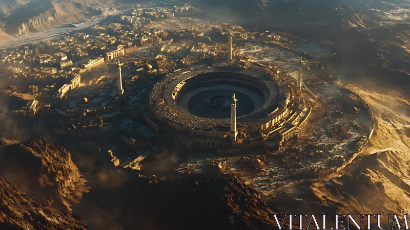 Sunlit desert metropolis encircling vast central arena.