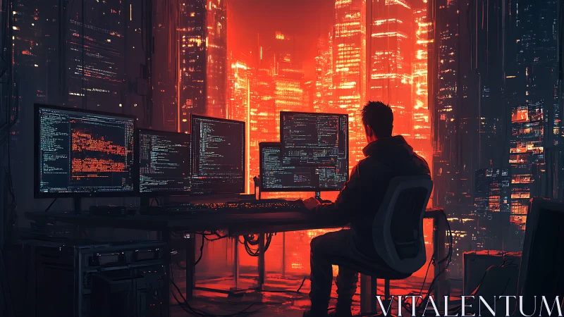 Hacker monitoring code on multi-screen setup, neon skyline.