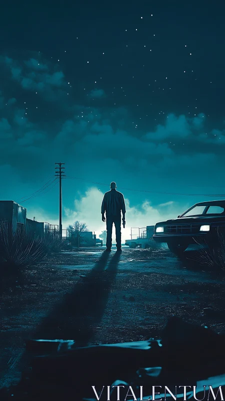 Solitary figure stands on wet road under star-filled night sky