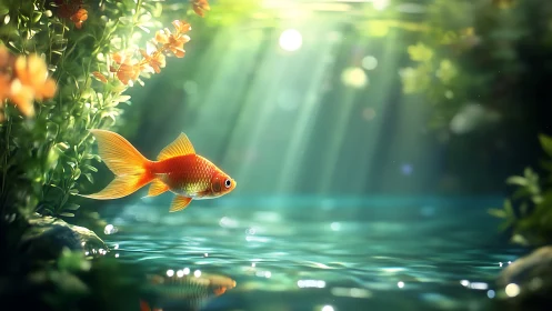 Goldfish moves through shallow water under directional light