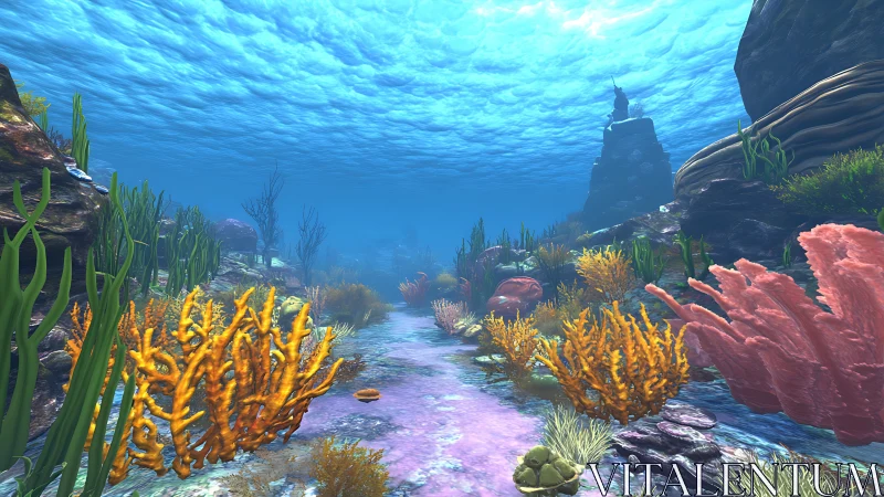 Vibrant coral canyon beneath sunlit turquoise waters.