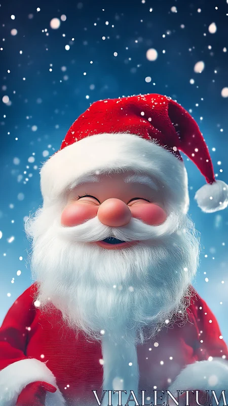 Cheerful cartoon Santa Claus in snowfall close-up portrait.