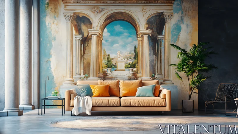 Contemporary lounge integrates trompe-l’oeil mural of classical archway