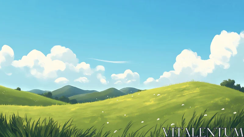 Sunlit rolling hills stretch under bright, cloud-softened skies