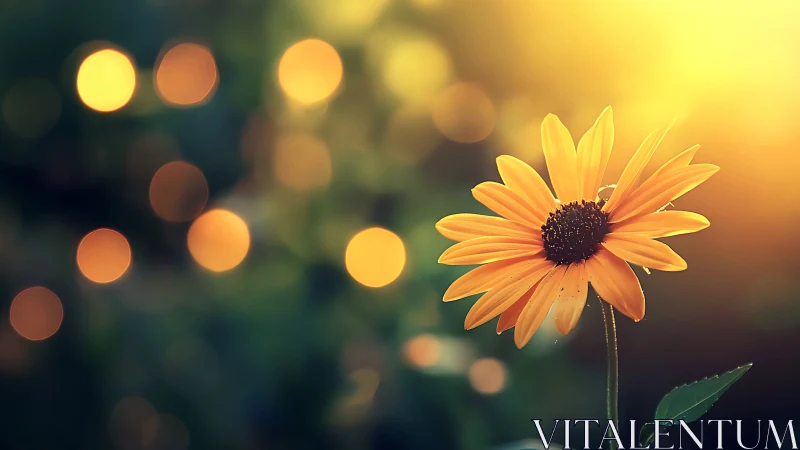 Sunlit yellow daisy glows against warm golden bokeh field.