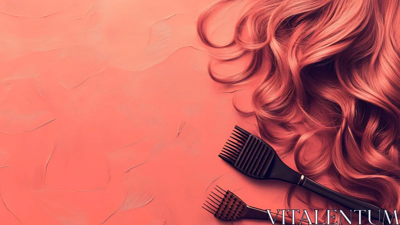 Pink wavy hair surrounds black dye brushes on textured surface