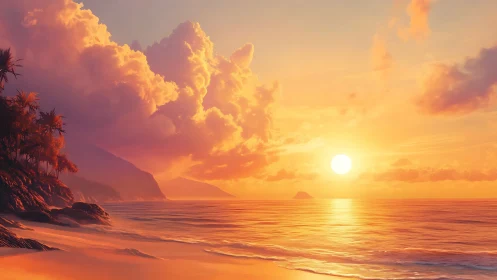 Golden sunset warms a peaceful tropical beach horizon