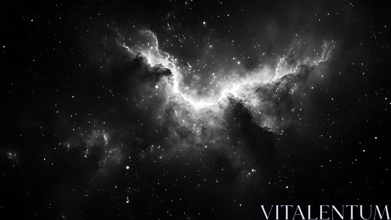 Monochrome deep space nebula with dense surrounding starfield.