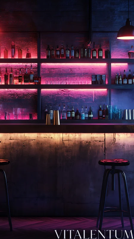 Neon backlit bar interior with bottles, stools and shelving.