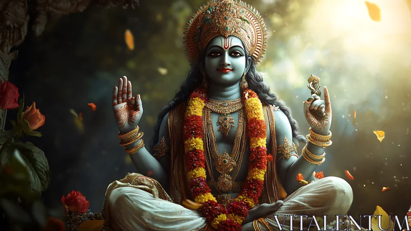 Highly detailed deity rendering with volumetric light and ornate garlands