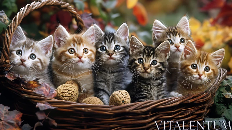 Five Tabby Kittens in Woven Basket with Florals.