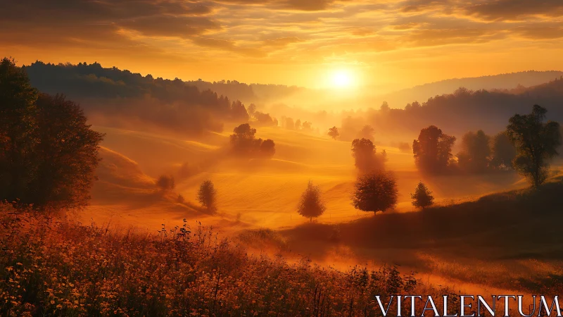 Golden sunrise warms rolling misty hills and quiet trees