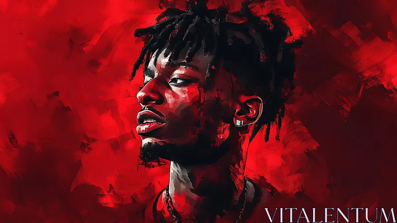 Red digital portrait of man looking to side in profile.