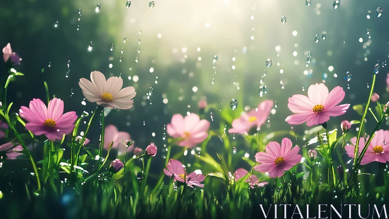 Pink Cosmos Flowers Kissed by Morning Rain Drops.
