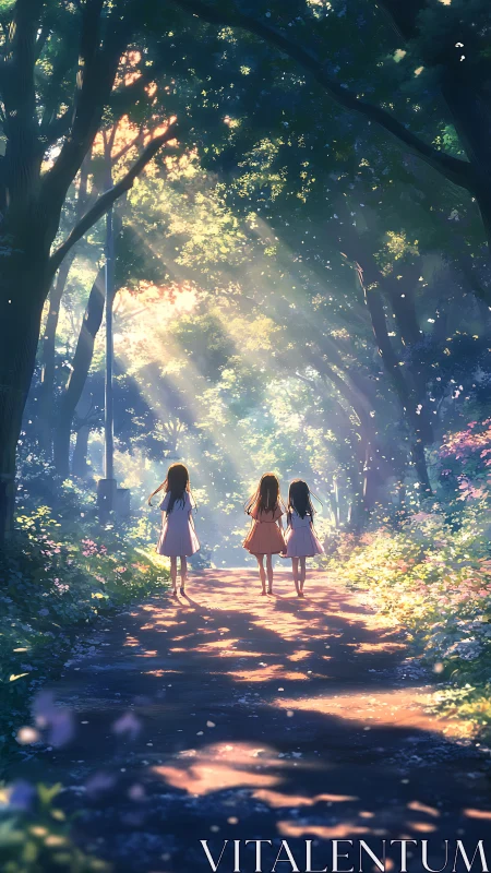 Three children walk along a sunlit forest pathway