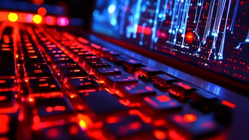 Backlit mechanical keyboard glows beneath abstract data stream