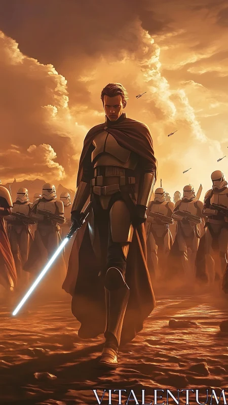 Armored figure with troops on desert battlefield at dusk.