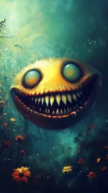 Spherical creature with exaggerated teeth floats over wildflowers