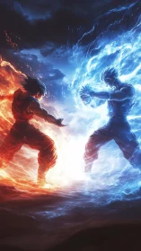 Fiery rival and icy warrior clash in a dramatic energy duel.