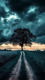 Lonely country tree welcoming you down a twilight path.