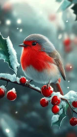 Winter robin perched on snow-dusted holly branch artwork.