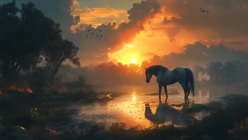 Gentle white horse enjoying a peaceful golden sunset by water.