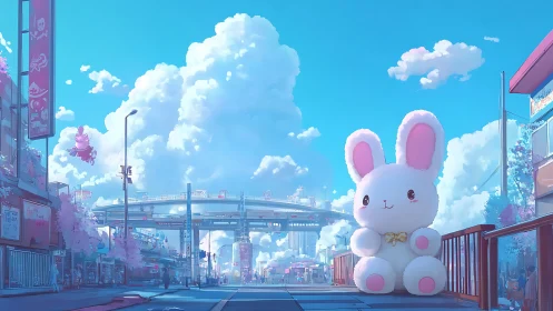 Urban overpass with oversized rabbit figure in sunlight.