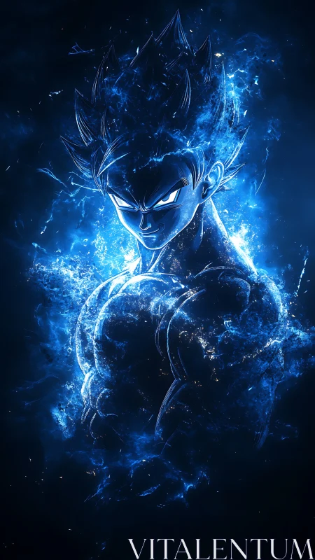Electric blue warrior rising from swirling cosmic energy.