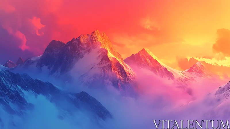 Luminous alpine peaks rise above neon mist at sunrise
