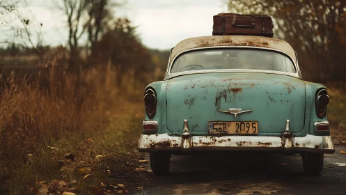 Weathered turquoise sedan with roof luggage on rural track.