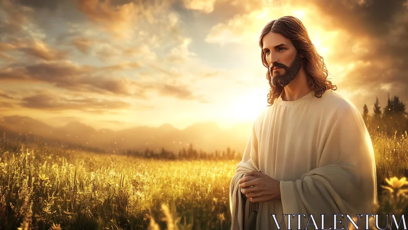 Sunlit figure walks softly through a meadow of golden prayers