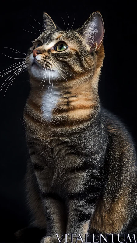 Tabby Cat Portrait with Green Eyes Against Black