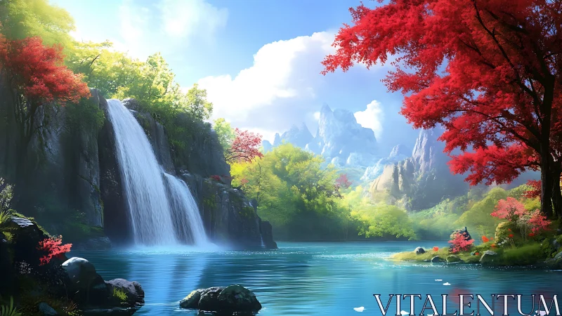 Mountain waterfall and lake landscape under clear daylight.