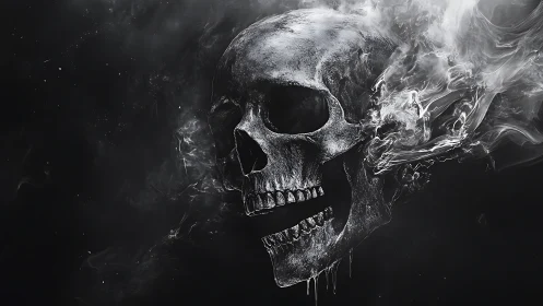Smoldering human skull rendered in high-contrast monochrome digital art