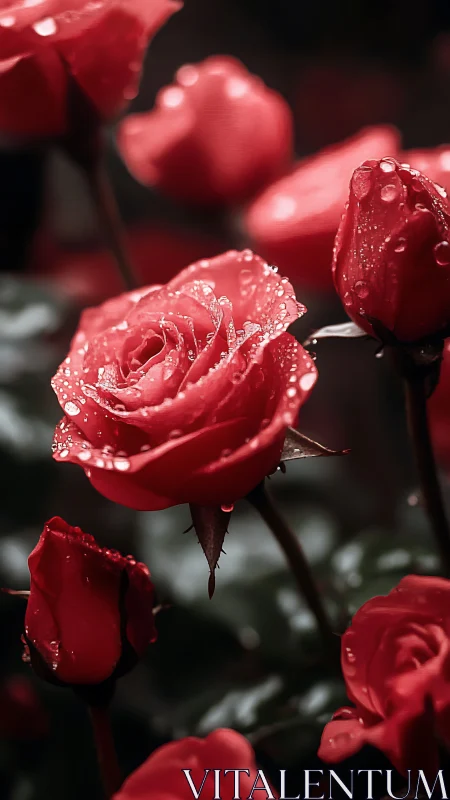 Red roses with water droplets on dark background at close range