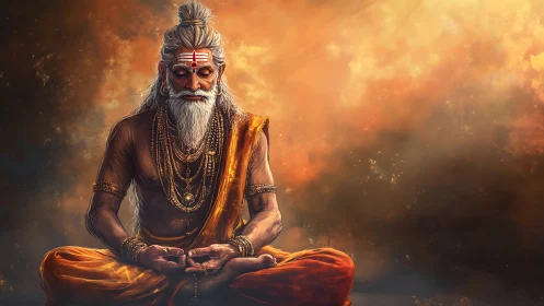 Golden-robed sage sits in deep meditation within glowing light