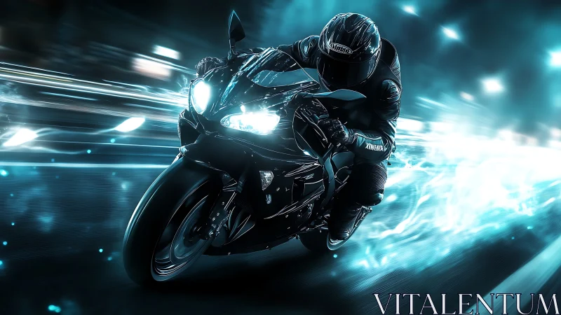 Cyberpunk superbike sprint with neon motion streak dynamics.