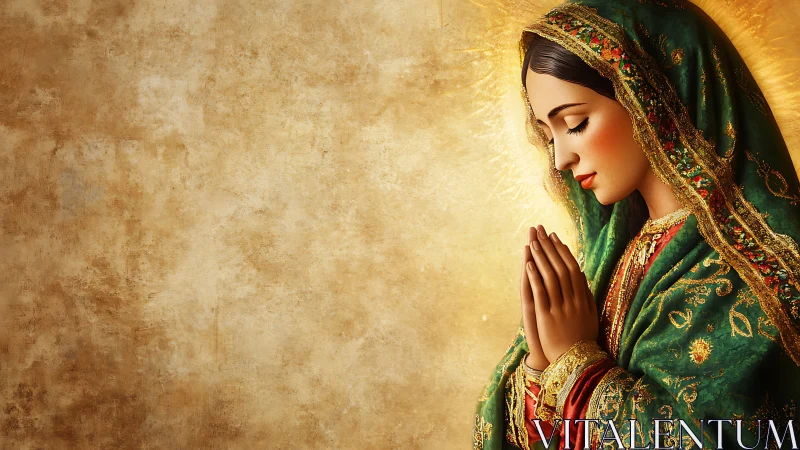 Digital painting of praying woman in ornate green mantle.