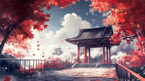 Gentle autumn gateway under drifting red maple leaves.