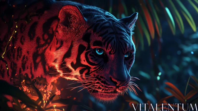 3D bioluminescent jungle panther under neon rim lighting.