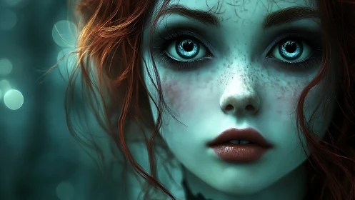 Enchanted freckled girl gazes forward in teal twilight.
