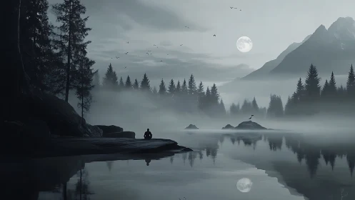 Solitary figure at misty moonlit lake in grayscale serenity.