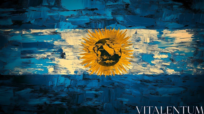 Brushstroked Argentine flag with radiant global sun.