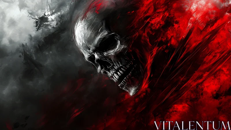 Skull form emerges between desaturated gray and dense red fields