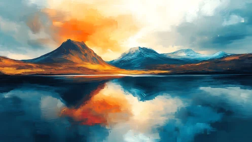 Radiant mountains glow above a tranquil reflective lake at dusk