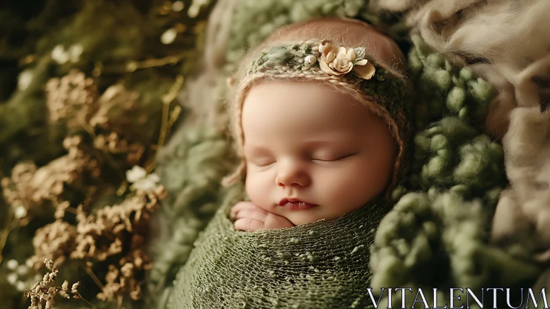 Peaceful Newborn Portrait Swaddled in Green.