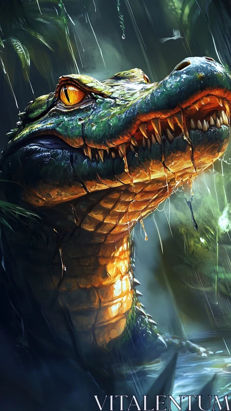Bioluminescent jungle crocodilian under directional rain lighting.