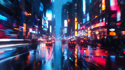 Nighttime city street shows wet roadway and blurred neon traffic