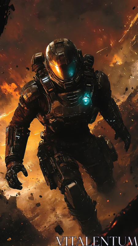 Lone space soldier strides through firelit cosmic chaos